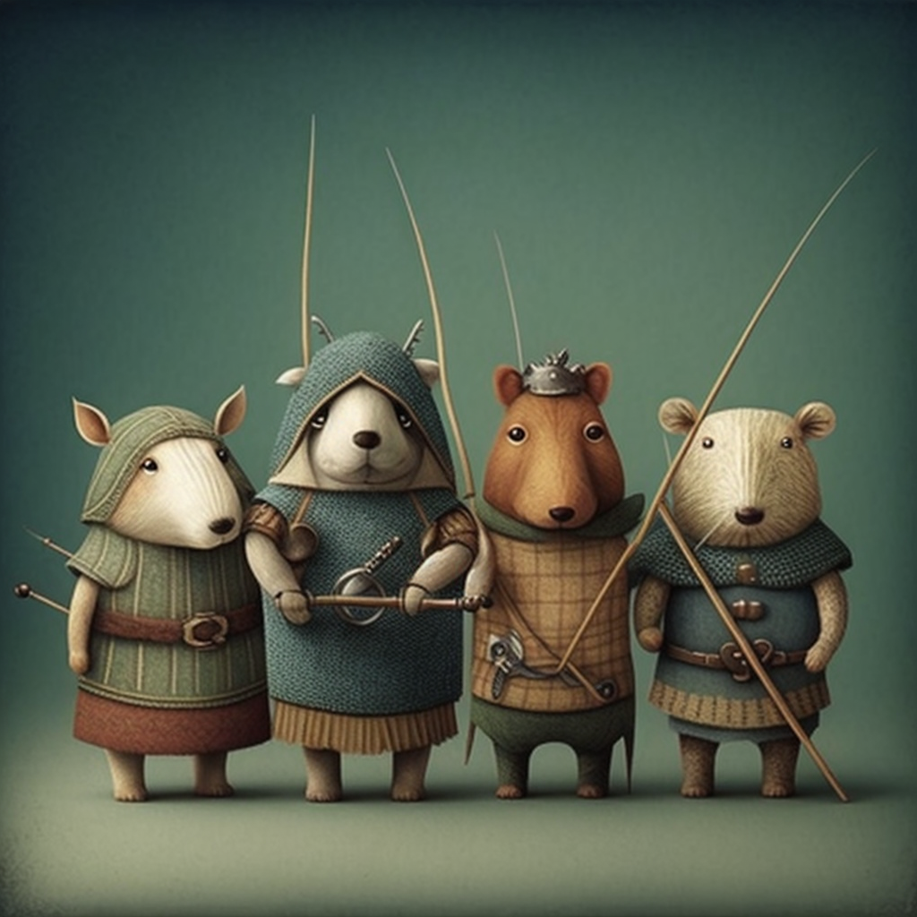 Midjourney prompt: "A whimsical illustration of a animals dressed as
archers, in the style of Garth
Williams."